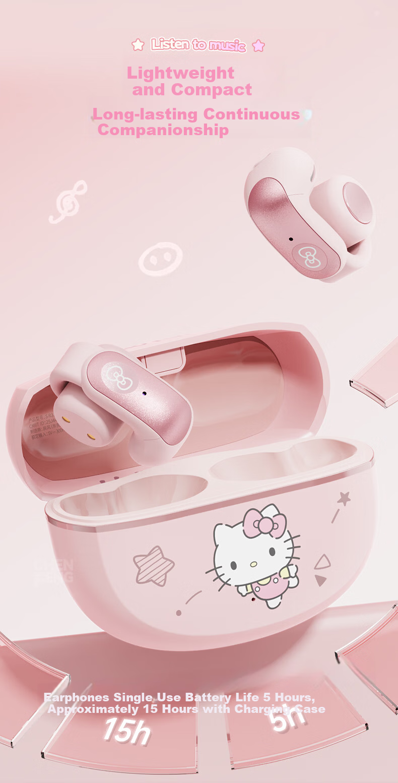 Chenfeng Sanrio Open-Ear Clip-On Bone Conduction Bluetooth Wireless Sports Running Earphones Ear-Hook Comfortable for Women Long Wear No Pain Student Birthday Gift SR31 7