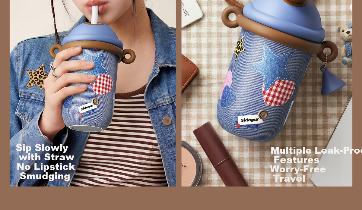 Shida Home Insulated Water Bottle for Women Denim Series Straw Cup Portable High-Value Large Capacity Stainless Steel Car Mug 24
