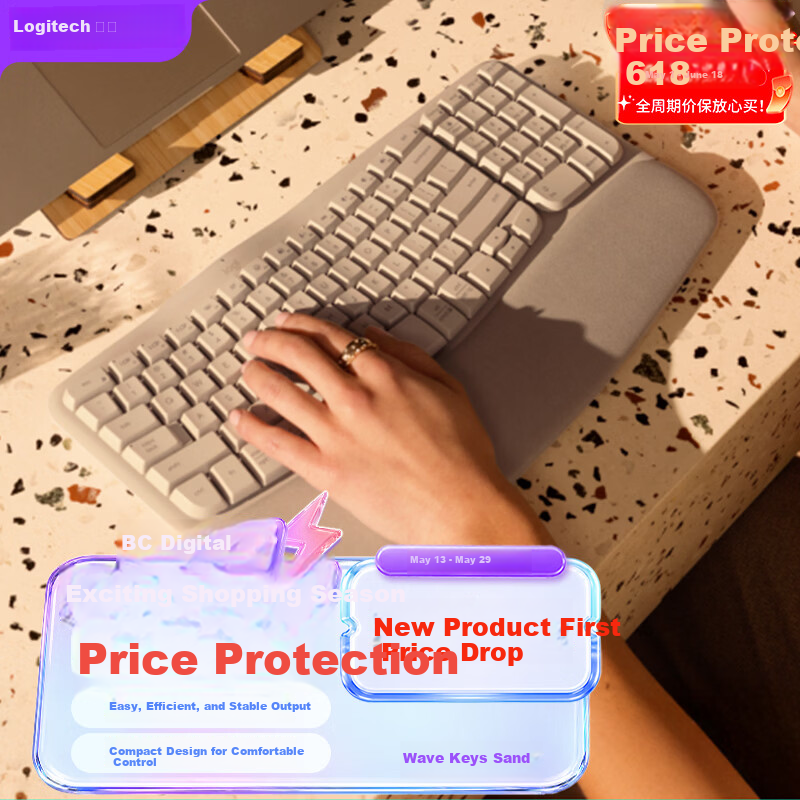Logitech Wave Keys Ergonomic Wireless Bluetooth Keyboard with Soft Palm Rest, 3-Device Connectivity, Sand Color, 99 Keys