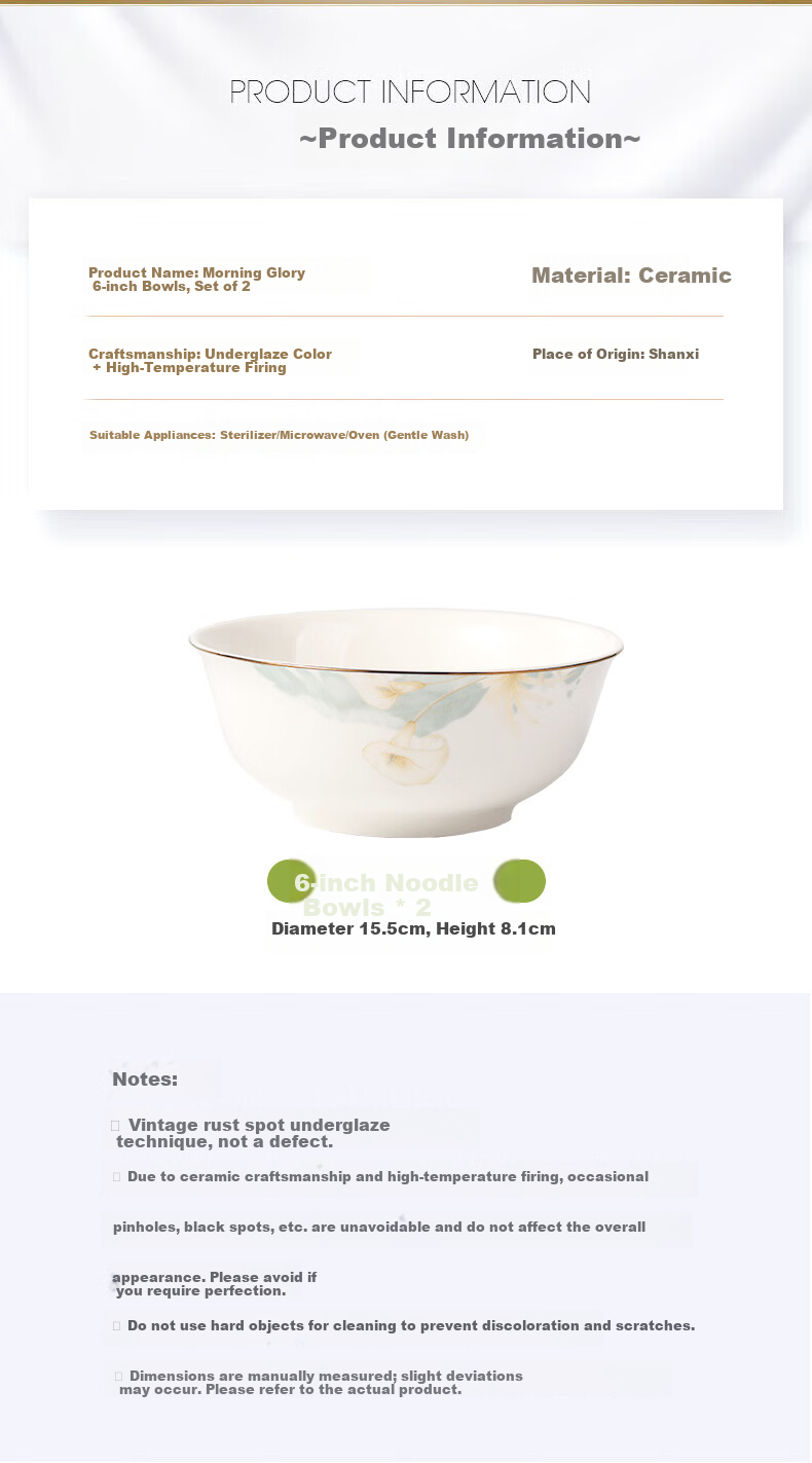 Jieyajie Ceramic Bowl Large 6-Inch High-Temperature Fired Premium Lightweight Luxury Home Use Noodle and Soup Bowl Set 2 Pieces Morning Glory 7