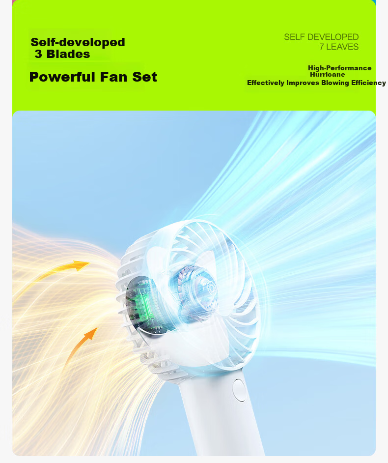 Pisen Handheld USB Rechargeable Portable Mini Fan Office Outdoor Camping Desktop Fan 1200mAh Long Battery Life Green 6