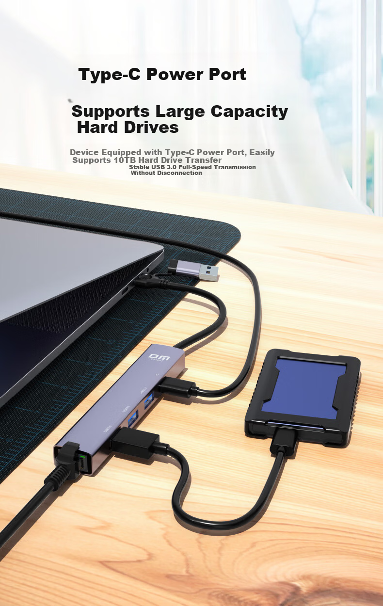 DM Daimai Type-C to USB 2.0 Hub, Four-In Expansion Dock, Ethernet Port Converter, Laptop External Wired Network Adapter, CHB002 4