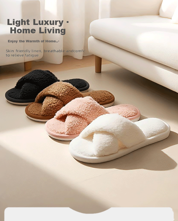 XGGC Cross Fuzzy Slippers Spring Autumn Indoor Couples Home Open Toe Ins Plush Cotton Slippers Pink 36-37 1