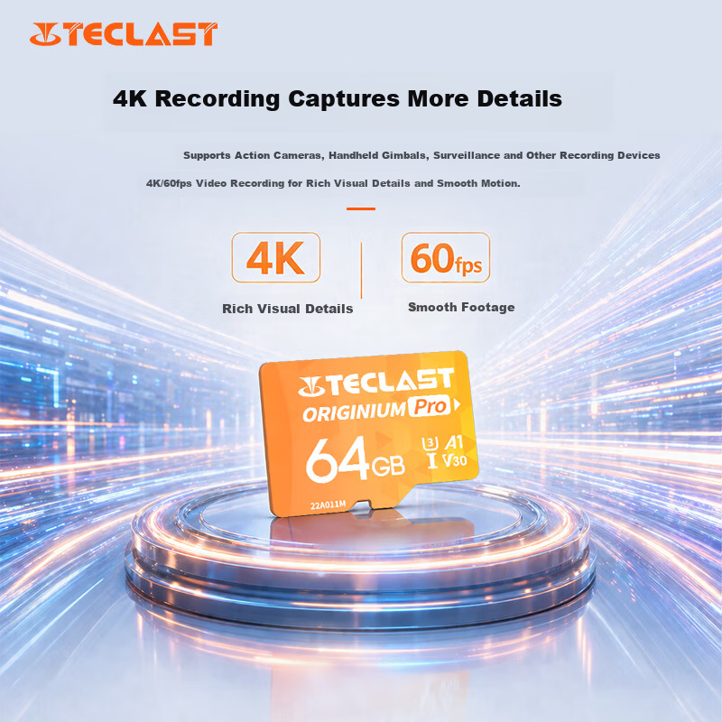 TECLAST 64GB TF Memory Card (MicroSD), Storage Card U3 V30 A1 C10 High-Speed Version, Dash Cam, Surveillance Camera, Smartphone, Tablet, And Camera Storage Card