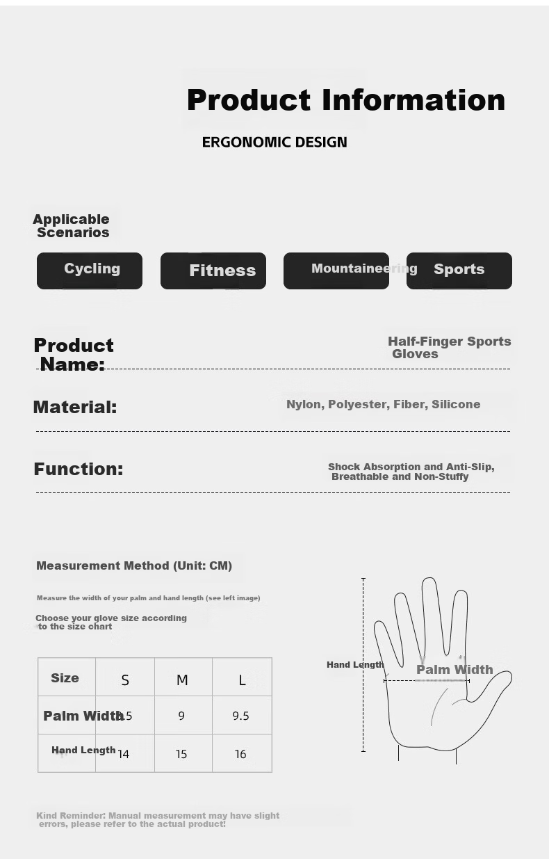 40,000km Cycling Half-Finger Gloves Outdoor Fitness Non-Slip Breathable Shock-Absorbing Wear-Resistant Thin Half-Finger Anti-Blister Gloves Size S 6