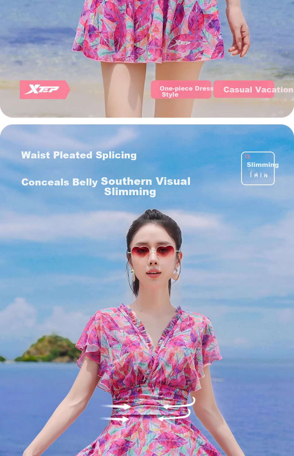 Xtep Women's One-Piece Skirted Swimsuit for Adults, Fashionable Printed Conservative Slimming Swimwear for Hot Springs and Beach Vacation 2