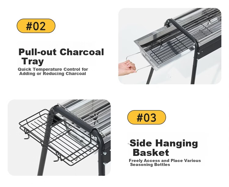 CAMELJEANS BBQ Grill Home Barbecue Rack Skewers Outdoor Camping Portable Charcoal Detachable 174BH05719 Black 30