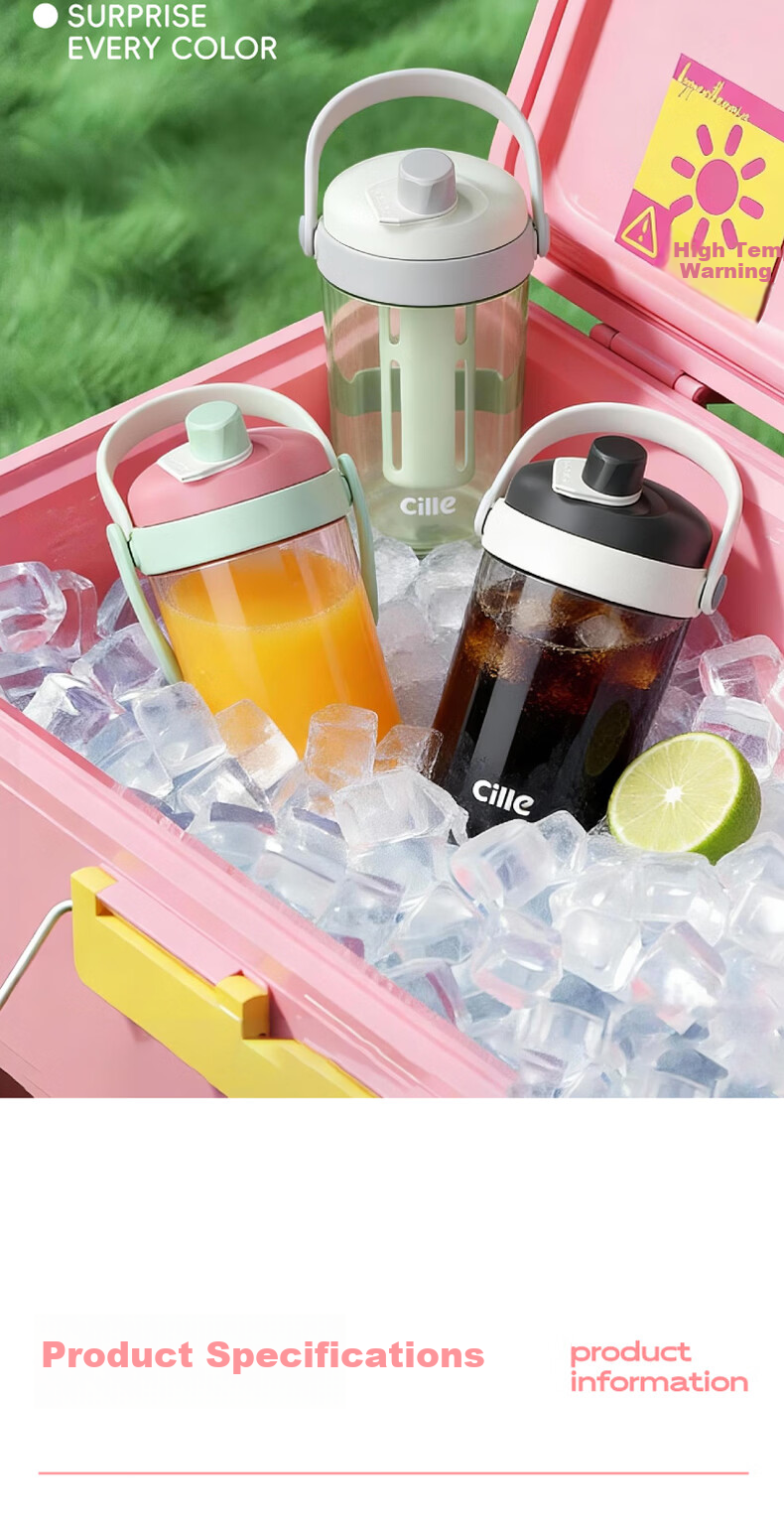 Cille Tritan Plastic Cup Large Capacity Outdoor Sports Water Bottle Portable Double Drinking Cup with Handle for Men and Women Students 12