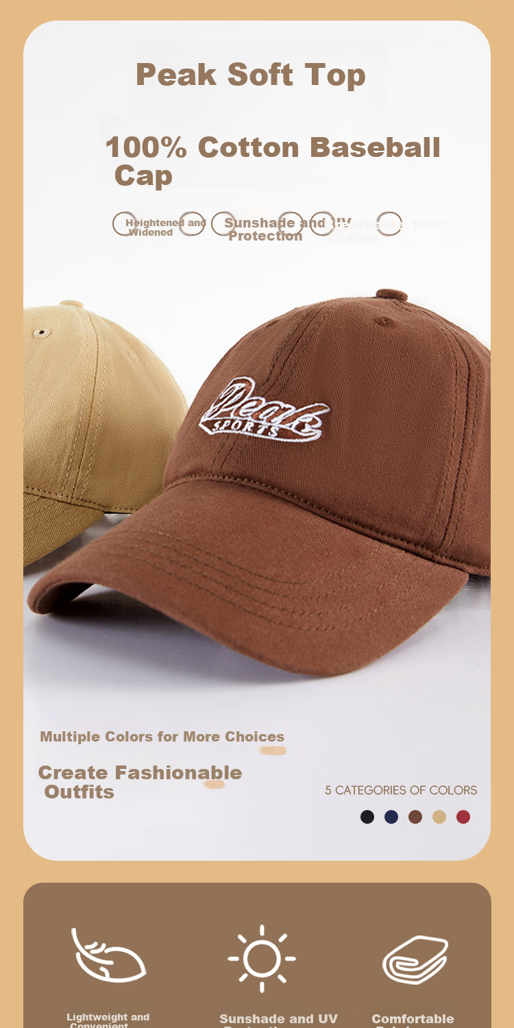 Peak Cotton Soft Top Baseball Cap Sun Protection Breathable Sweat-Absorbing Large Size Sunshade Hat Couple Street Fashion Embroidered Dad Hat 1