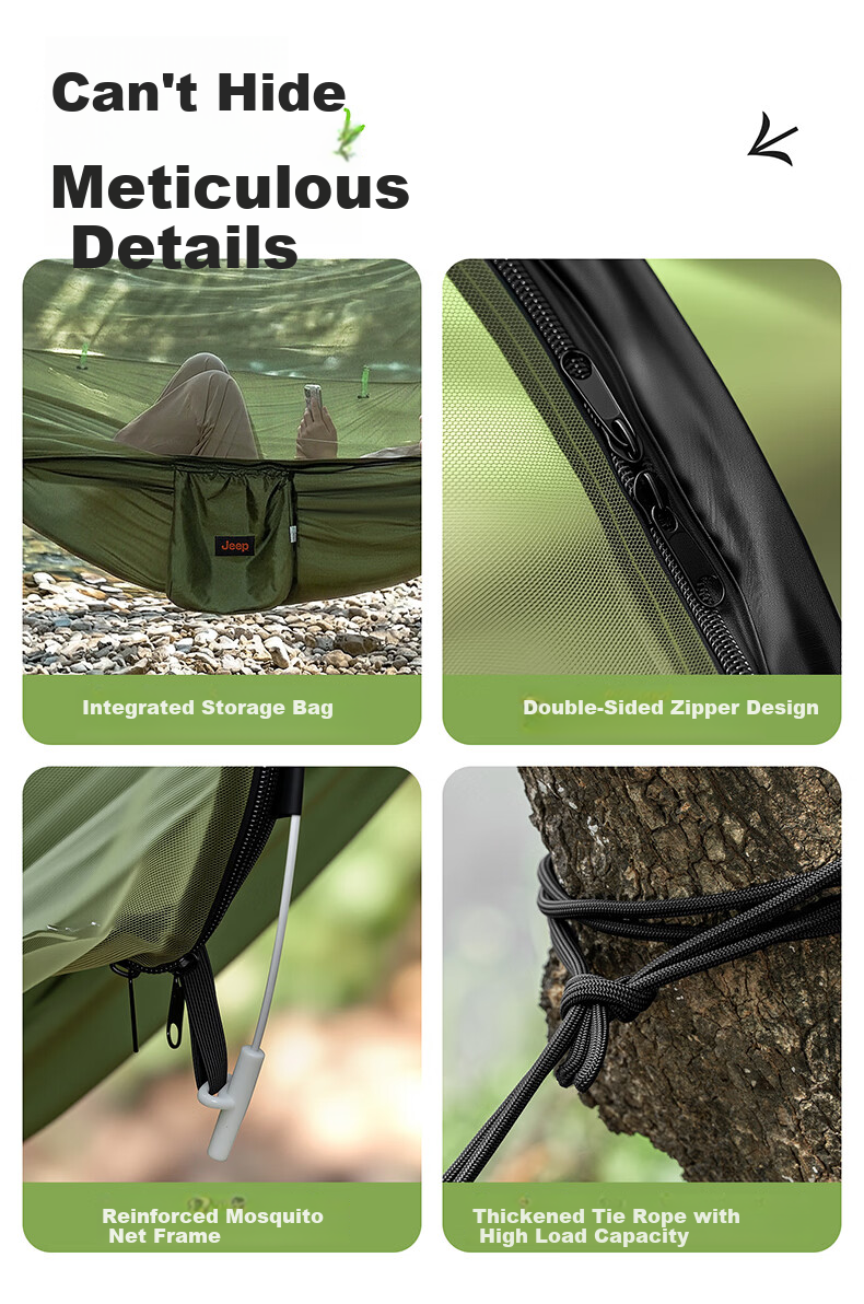 JEEP Mosquito-Proof Hammock Outdoor Adult Anti-Tip Indoor Children's Cradle Swing Tent with Thickened Ropes Military Green 13