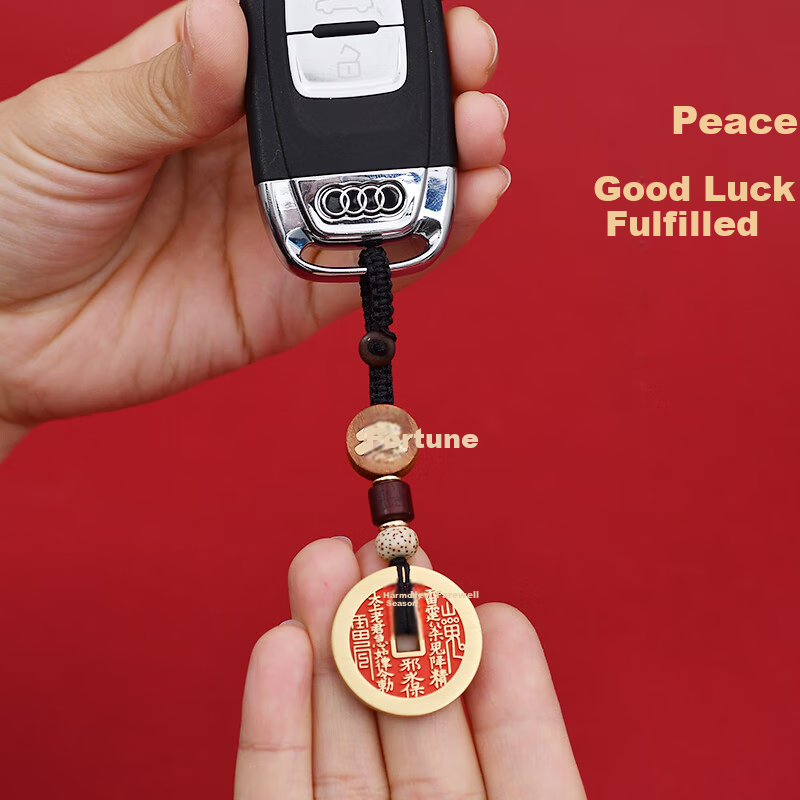 Feng Shui Pavilion Brass Mountain Ghost Coin Keychain Red Sandalwood Bagua Copper Coin Zodiac Year Protective Amulet Pendant for Men and Women 5