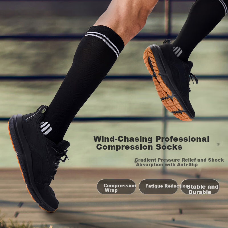 Keep Men's Long Compression Sports Socks Professional Marathon Football Running Calf Socks 2 Pairs Black Size M