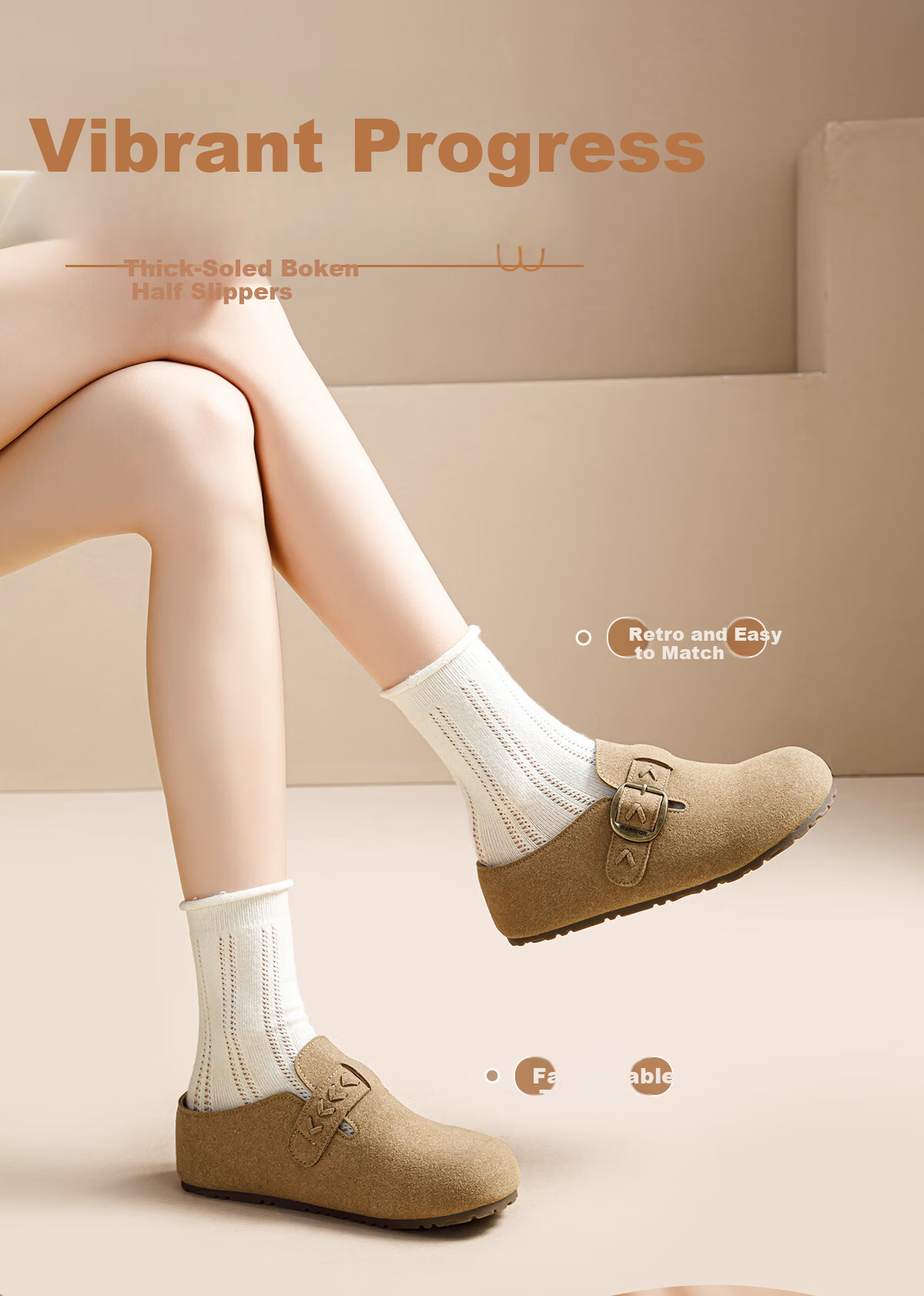Warrior Thick Sole Birkenstock Women's New Autumn Winter Popular Height Increasing Slip-On Closed Toe Half Slippers Camel Color Size 38 1