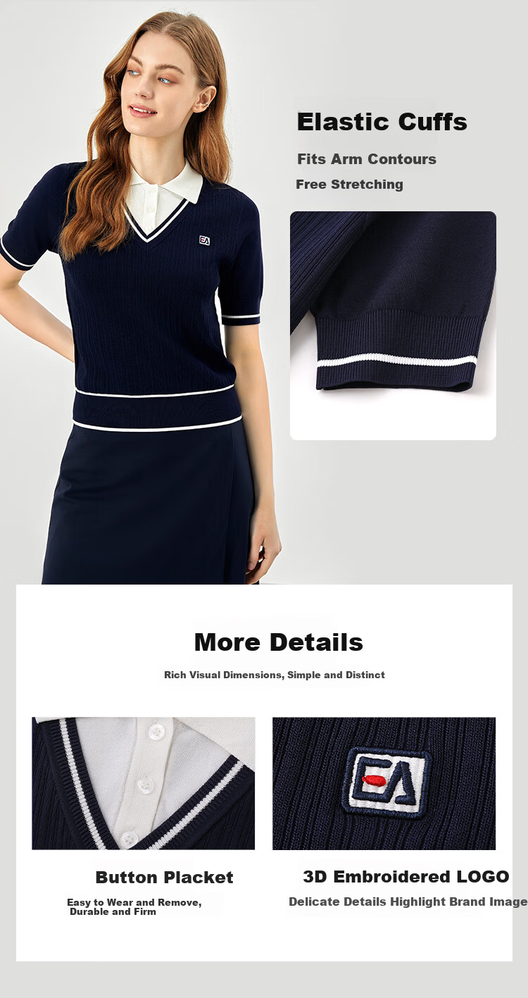 ELLE ACTIVE Women's Fashion Knitwear Casual Summer Striped V-Neck Short Sleeve T-Shirt, False Two-Piece, Blue, Size S 3