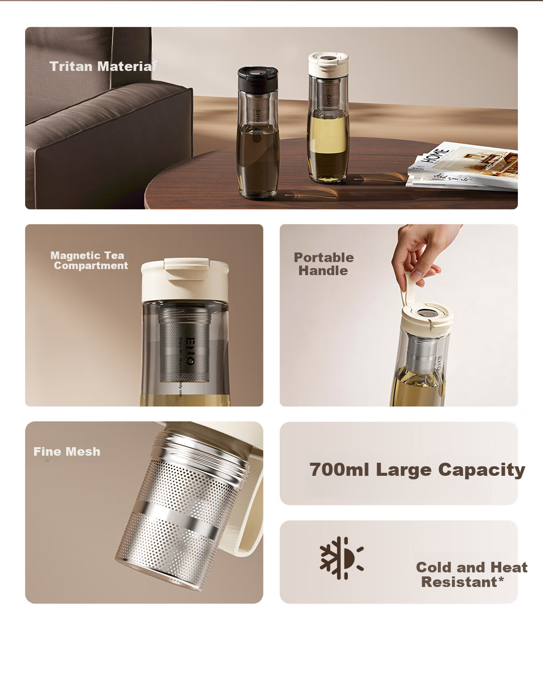 ENO Magnetic Infuser Tea Cup Tritan Sports Water Bottle Large Capacity High Temperature Resistant Portable Plastic Cup for Men 2