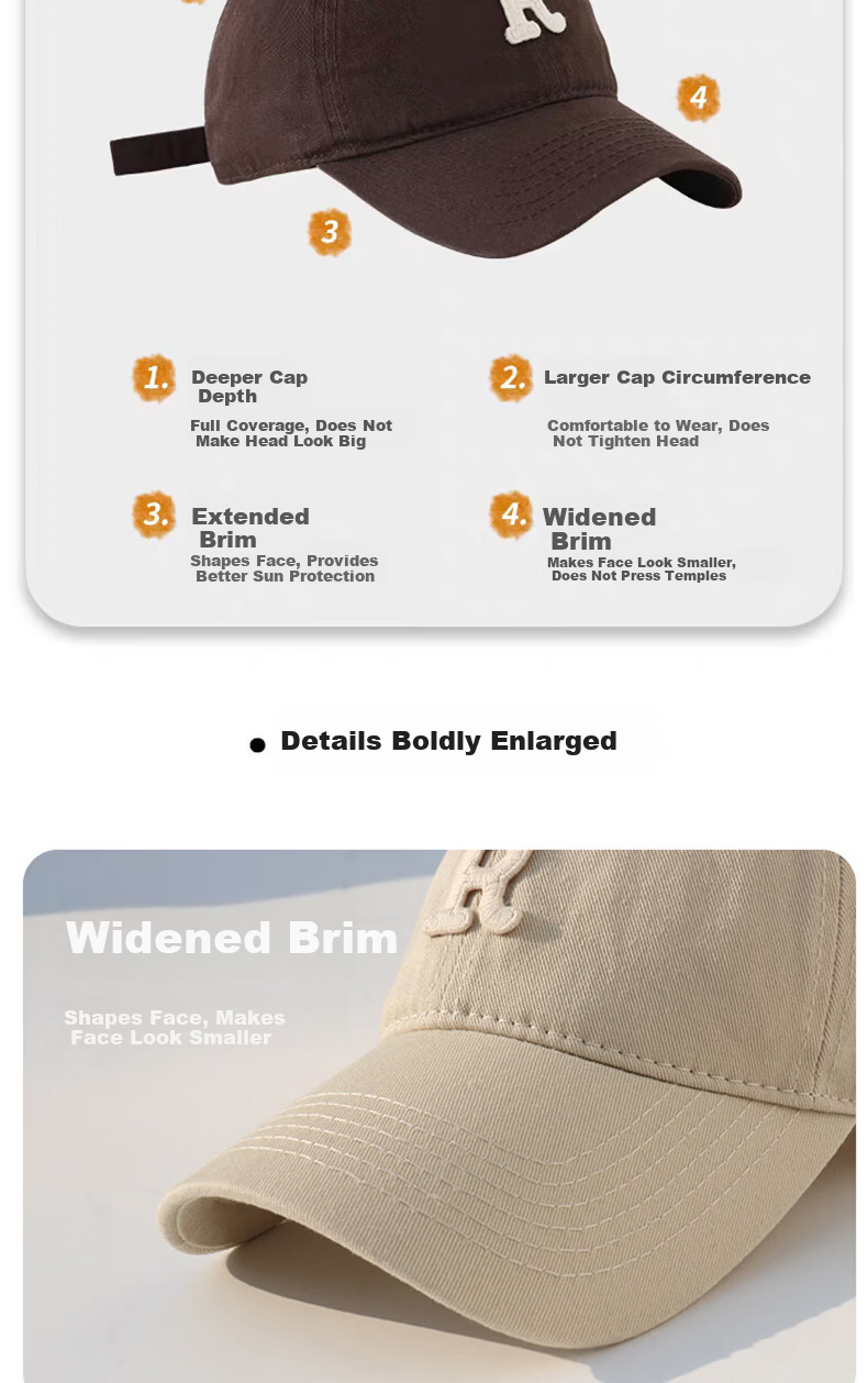 Ning'an R Logo Large Head Circumference Baseball Cap for Men and Women, Wide Brim, Enlarged and Deepened, Face Slimming 3