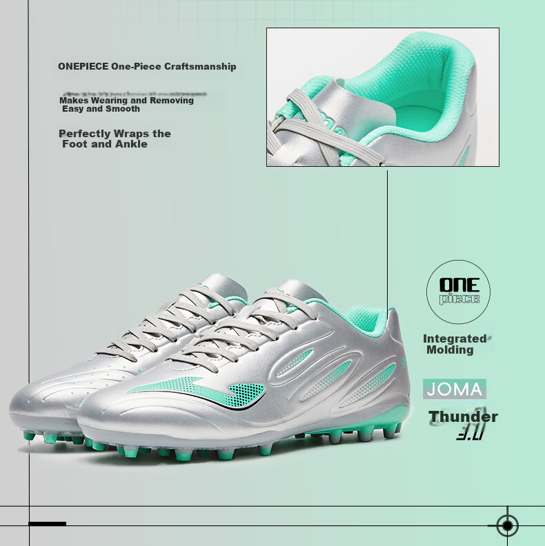 JOMA Men's Soccer Shoes MG Short Studs Adult Youth Student Competition Training Shoes Thunder 3.0 Silver/Green Size 40 6