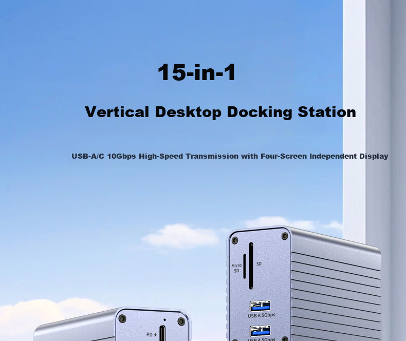 Superior Desktop Docking Station Type-C to Dual HDMI/DP Quad Display 4K60Hz High-Definition Expansion Card Reader Gigabit Ethernet Multi-Function Vertical Dock Compatible with Mac 1