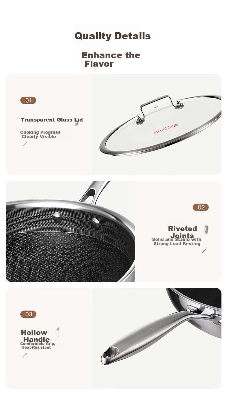 MAXCOOK 34cm 316L Stainless Steel Non-Stick Wok, Triple-Layer Steel, Compatible with Gas and Induction Cooktops, Model MCC4391 11
