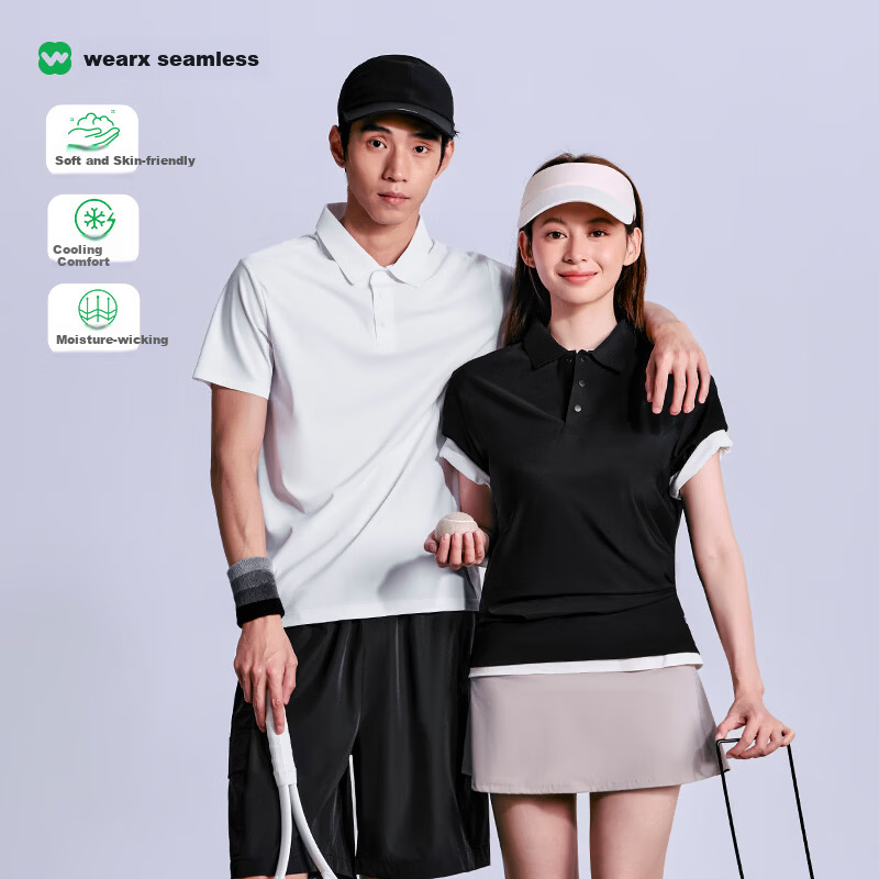 Knit Cooling Seamless T-Shirt Polo Quick-Dry Short Sleeve Breathable Sun Protection Wrinkle-Resistant Sweat-Wicking Couple Soft Skin-Friendly Black M