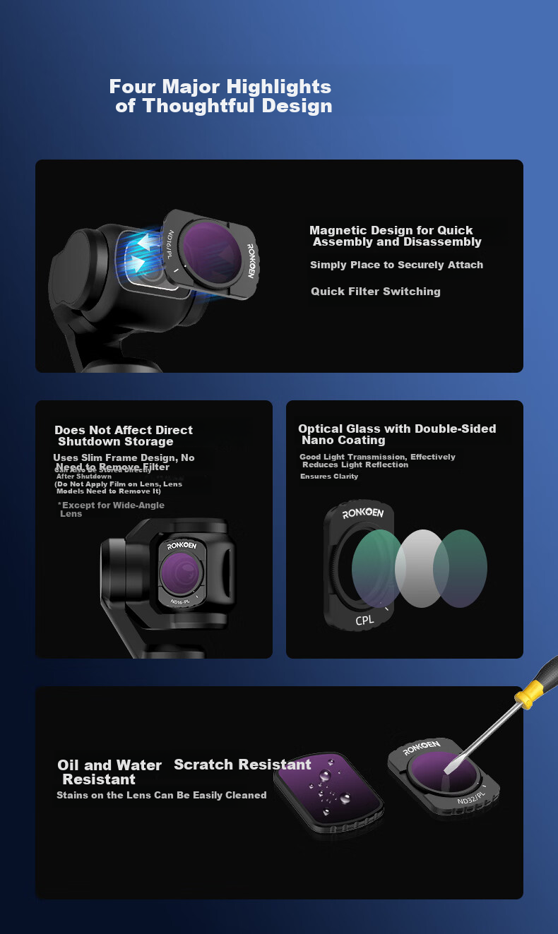 Luoken Magnetic Quick-Release Filter Kit for DJI Pocket 4/3 Camera, Including UV Protective Filter, ND Neutral Density Filter, CPL Polarizing Filter, Macro And Telephoto Lens Filters, And Anti-Light Starlight Filter 2
