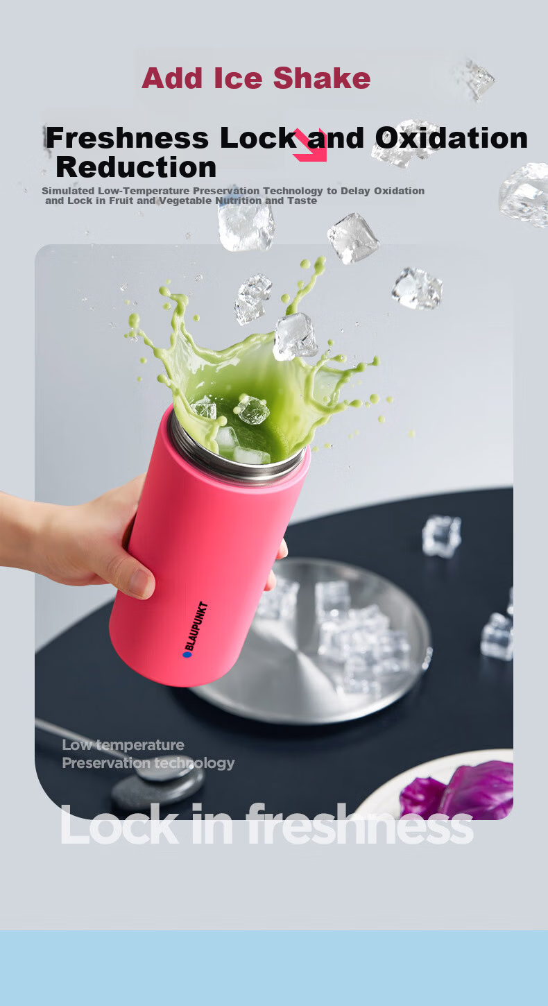 BLAUPUNKT Stainless Steel Juicer Portable Juicing Cup Home Juice Machine Insulated Ice Crushing Rechargeable Mini Multifunctional Antioxidant 316L Sweet Pink 10