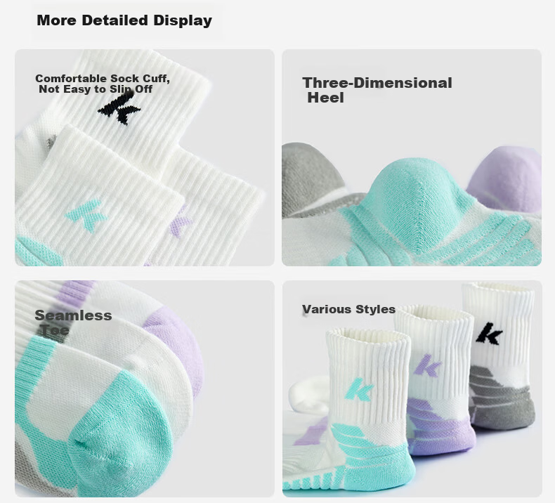KAWASAKI Unisex Badminton Socks Running Training Sweat-Absorbing Non-Slip Sports Socks D6609 Blue/Grey/Purple (3 Pairs) 20
