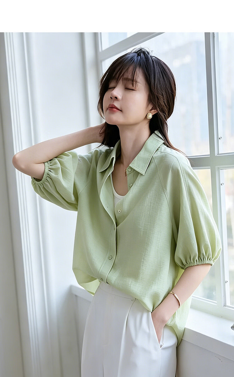 Mt Silky Acetate Fiber Summer Elegant Lapel Shirt with Patchwork and Elastic Lantern Sleeves for Women 4