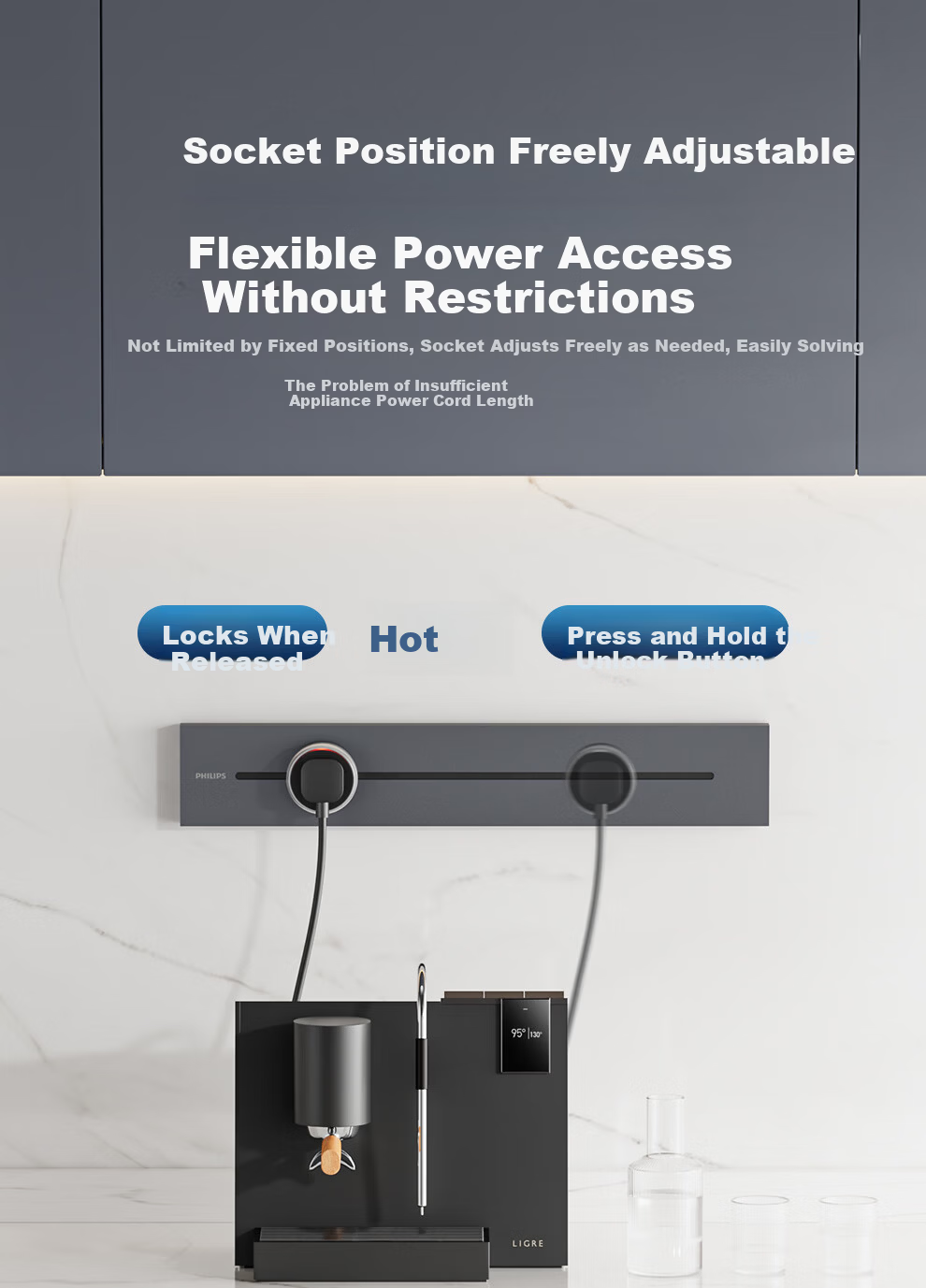 PHILIPS Surface Mounted Track Socket Switch Panel Wall-Mounted Slot-Free Movable Sliding Rail Socket 50cm Track + 3 Adapters Gray 3