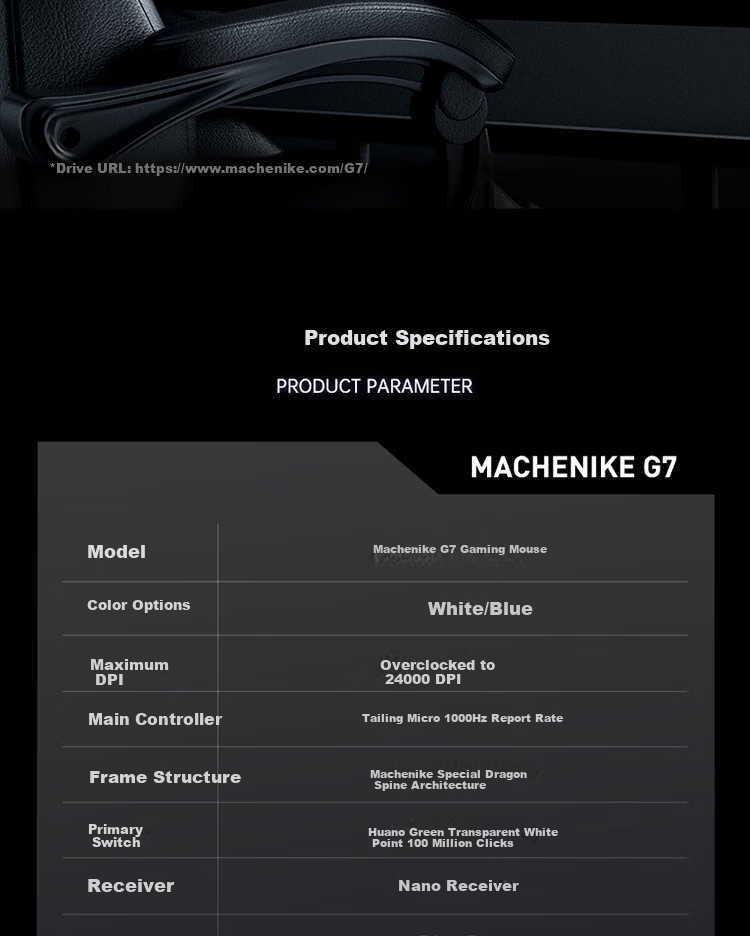 MACHENIKE G7 Lightweight Gaming Mouse Tri-Mode Connectivity Symmetrical Ergonomic Design Large Capacity Battery Long Battery Life Web Driver Black White 14