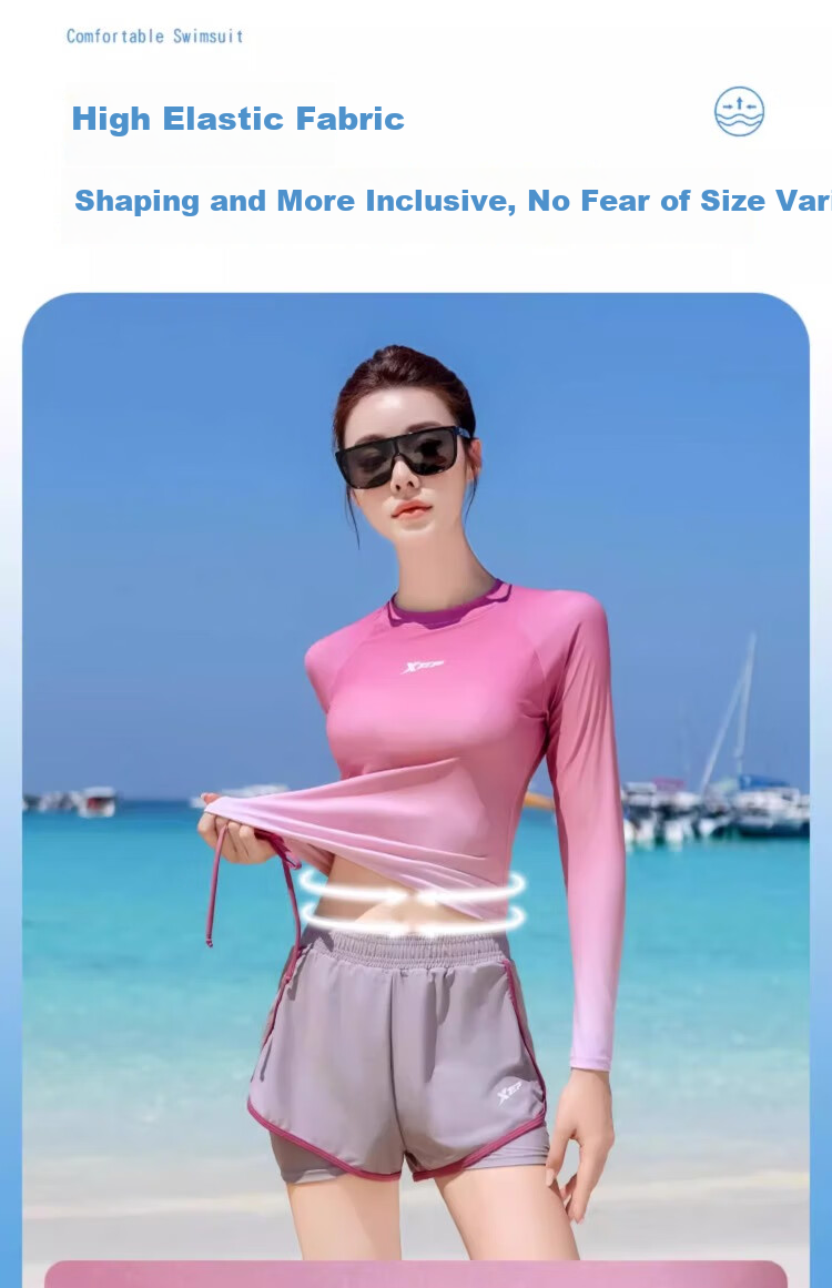 Xtep Women's Two-Piece Gradient Long Sleeve Conservative Student Swimsuit Slimming Vacation Beachwear 4