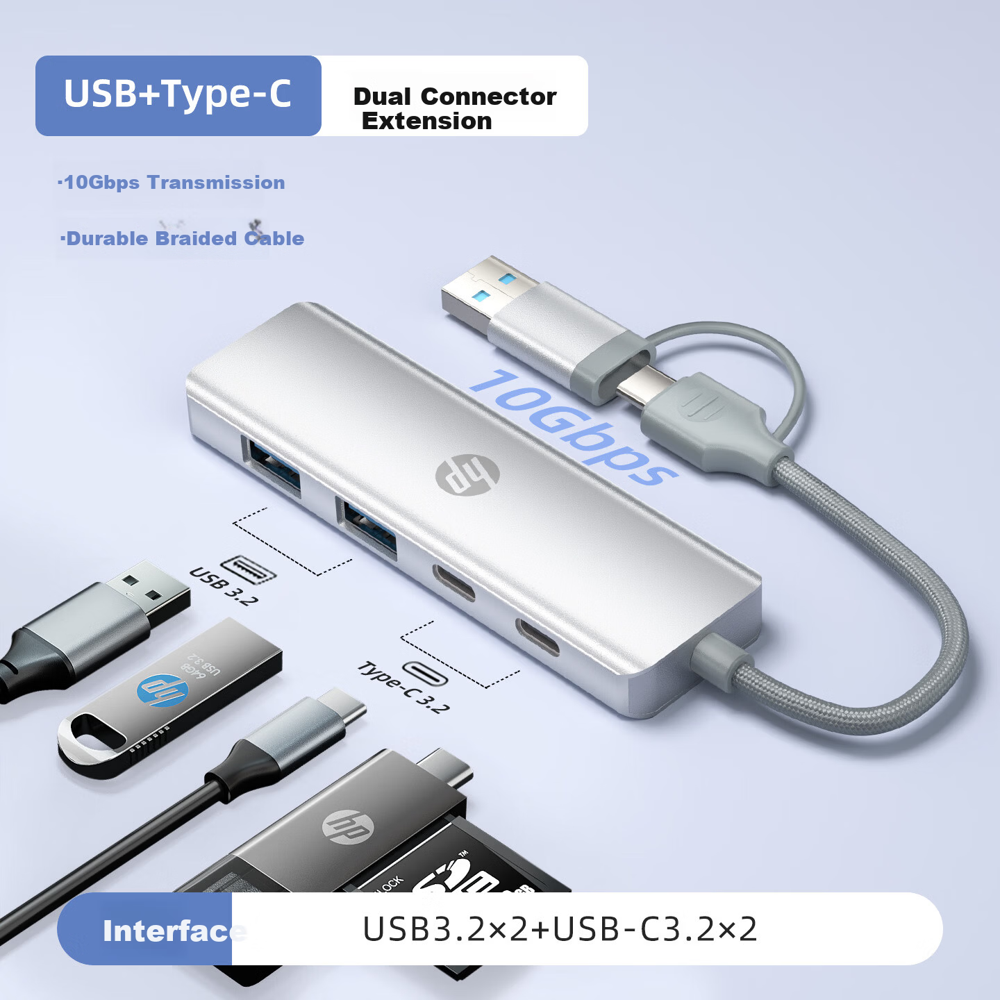 HP Docking Station Dual Port Splitter Type-C to Multi-Function Interface Adapter for Apple MacBook Laptop Desktop Phone Tablet High-Speed 10Gbps Transmission