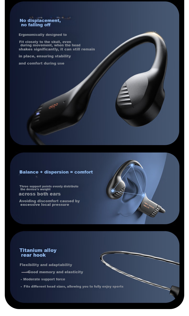 Aigo Bone Conduction Bluetooth Sports Earphones for Kids IP56 Dustproof Waterproof Open Wireless Marathon Cycling Running Ear Hook Long Battery Life GS09e Black 1