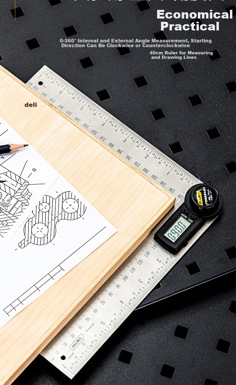 Deli Stainless Steel Digital Multifunction Electronic Angle Protractor 200mm 7