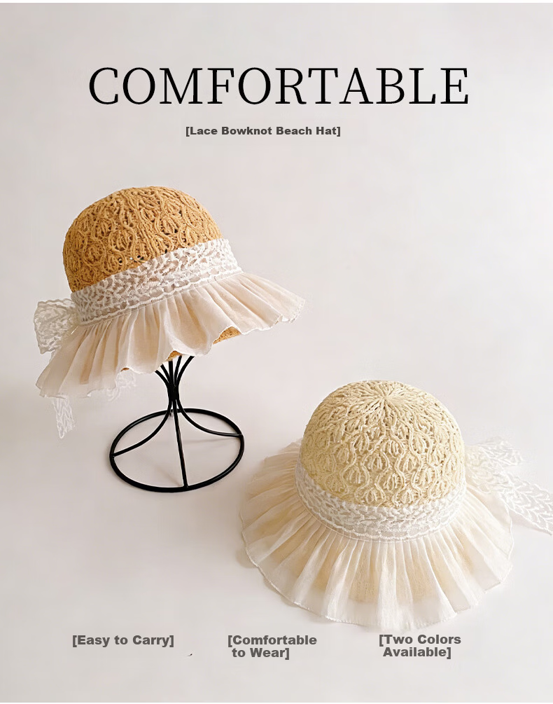 GLO-STORY Women's Lace Bow Straw Hat Summer Breathable Wide Brim Sunshade Sunscreen Beach Hat 1