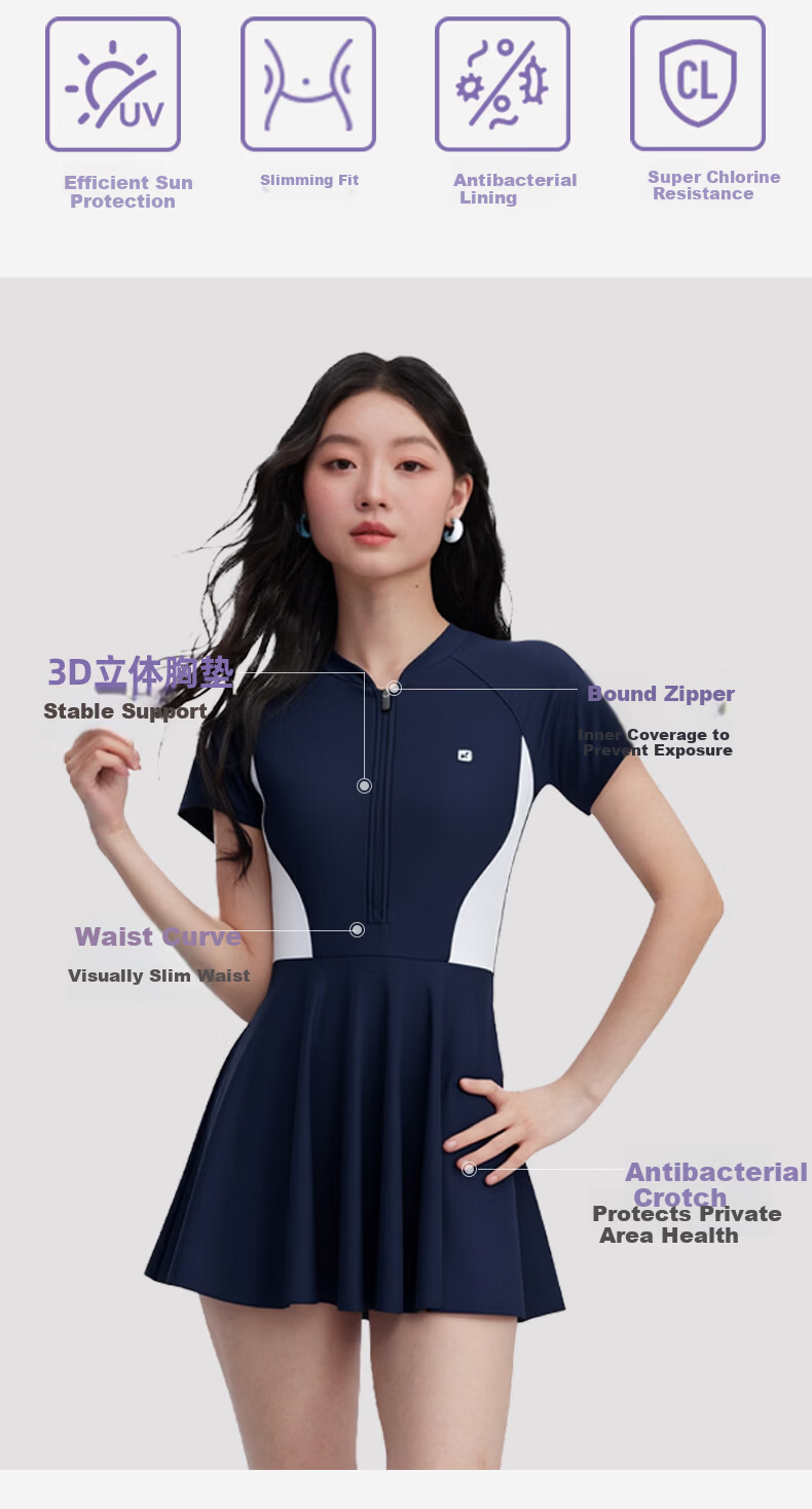 Keep Xiaomanyao Women's One-Piece Skirt Swimsuit Conservative Slimming Modest Hot Spring Vacation Swimsuit Navy Blue M 2