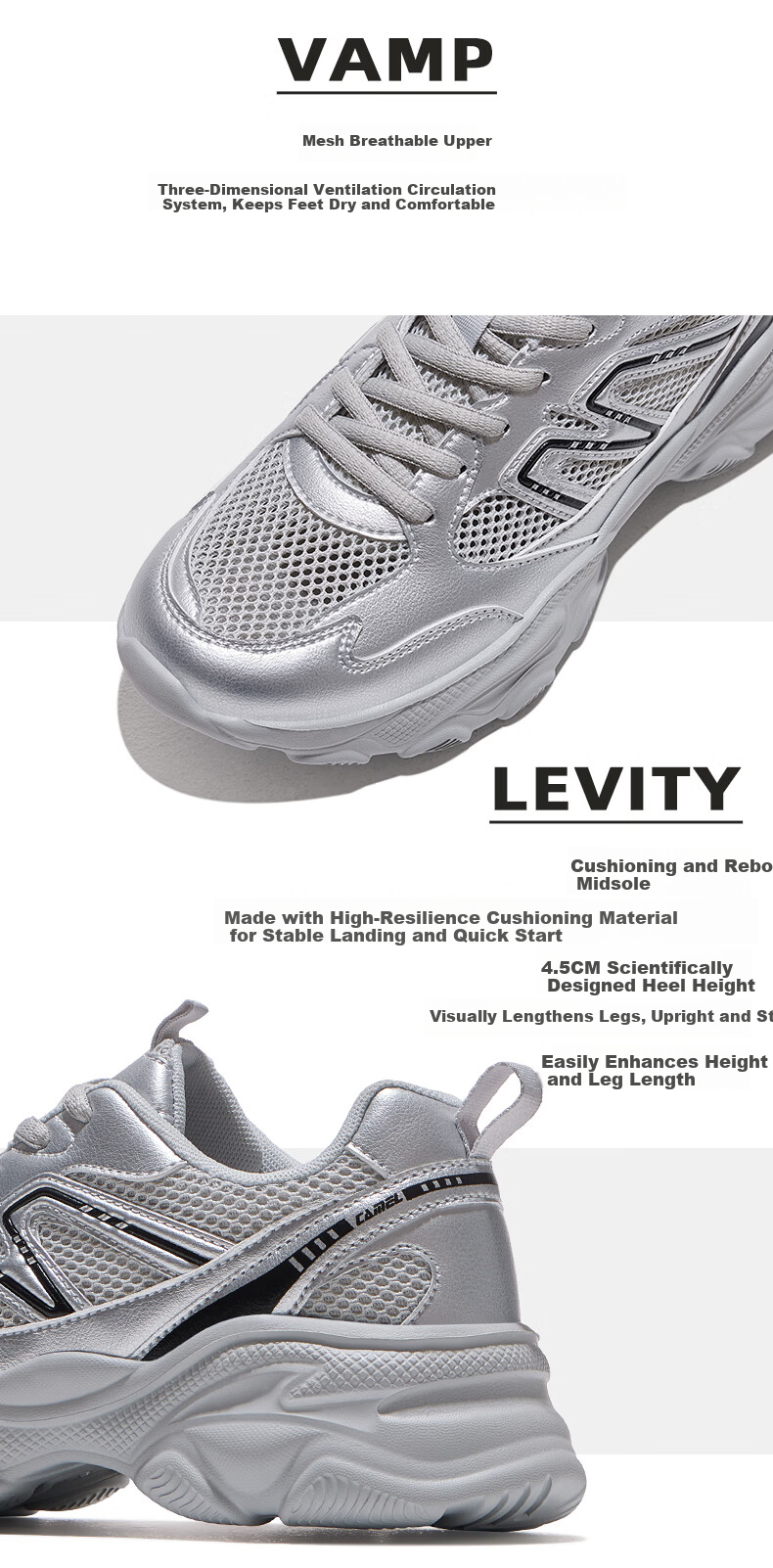 CAMEL Yam Breathable Dad Shoes for Women Thick Sole Height Increasing Sports Casual Shoes K26B60L8019 Beige Size 38 17