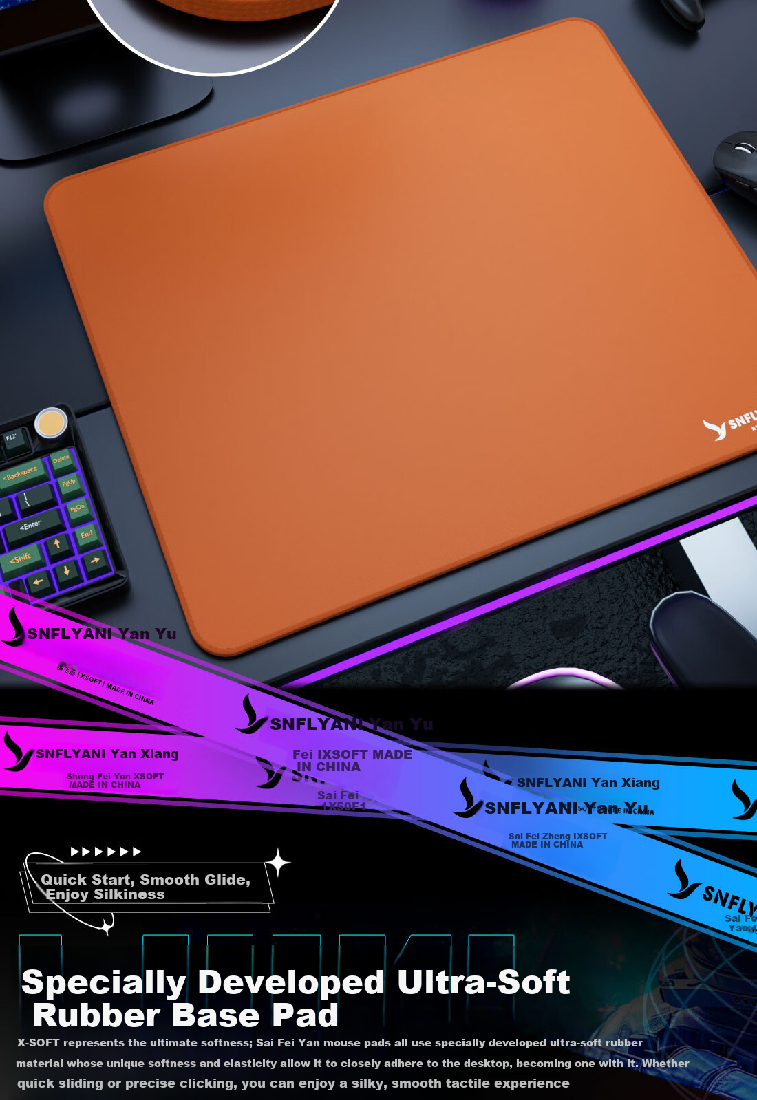 Saifeiyan [Yanyu] Zero Friction Mouse Pad Neutral Smooth FPS Gaming Pad CSGO Valorant Short TTK Secondary Positioning Yanyu Blue 480x400x5mm 5