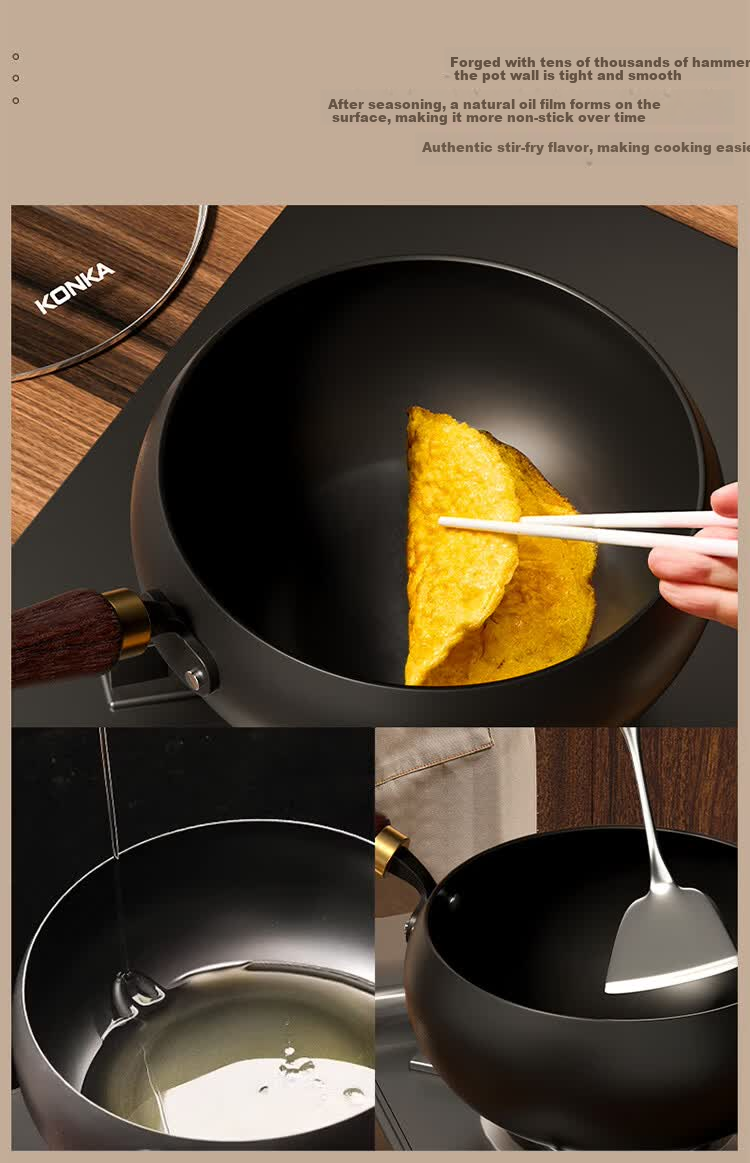 KONKA Authentic Large Belly Iron Wok Hand-Forged Stir-Fry Pan Household Iron Pan No Coating 28cm 6