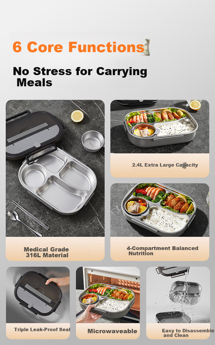 JD Original Lunch Box, 316L Stainless Steel, Suitable for Microwave Heating, Extra Large Capacity 2.4L, with Chopsticks And Spoon + Insulated Bag 2