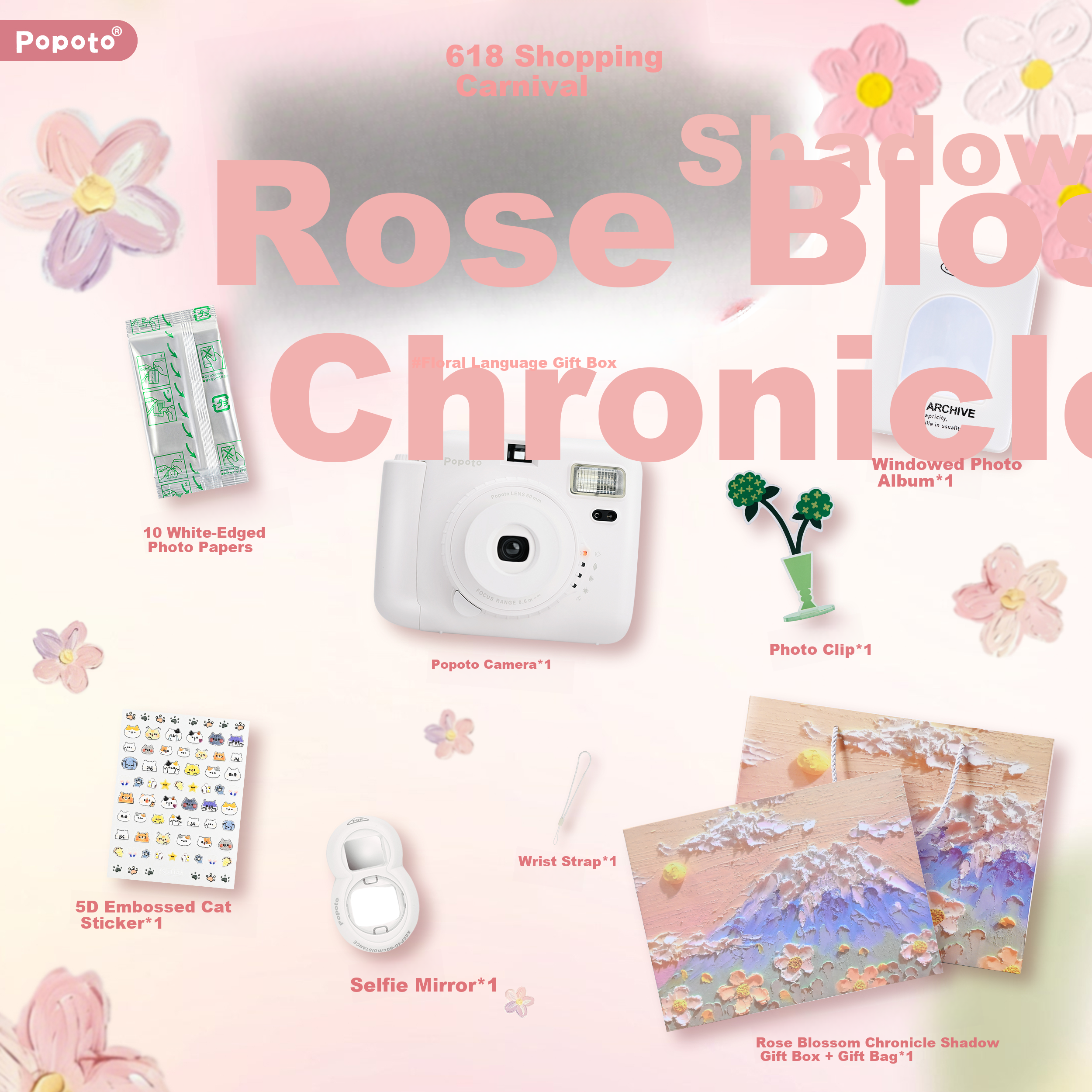POPOTO Instant Camera Student Selfie Travel Portable One-Time Imaging Camera Gift Box with 10 Photo Papers Rose Blossom Edition