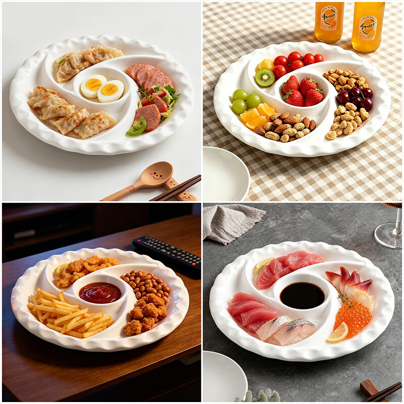 Baijie Ceramic Four-Compartment Steaming Plate Household Baby One-Pot Steaming Tray Children's Supplementary Food Fat-Reducing Divided Plate Bowl Separator Meal Plate 6