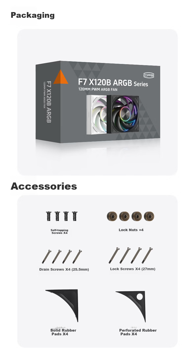 PCCOOLER Wing F7 X120B ARGB Black 12cm Case Fan High Air Pressure Dual Ring Fan RGB Sync PWM Temperature Control Dual Ball Bearing 13