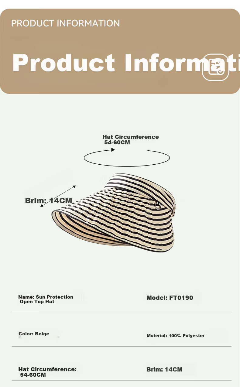 FitonTon Women's Summer Sun Protection Hat Open Top Breathable UV Protection Travel Striped Sun Hat 3