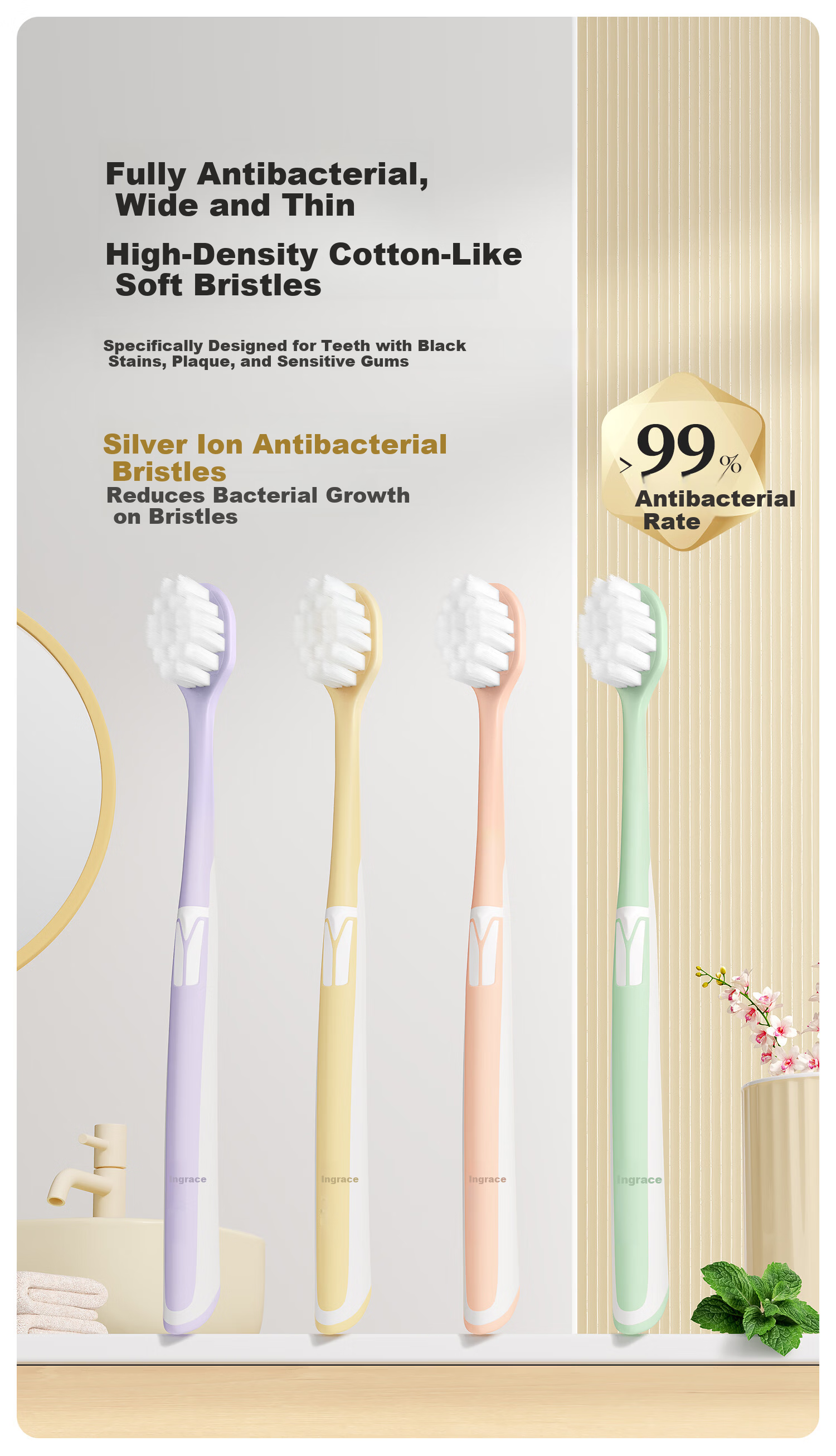 Ingham Soft Bristle Toothbrush Adult Wide Head Ultra-Fine Ultra-Soft Family Pack 1