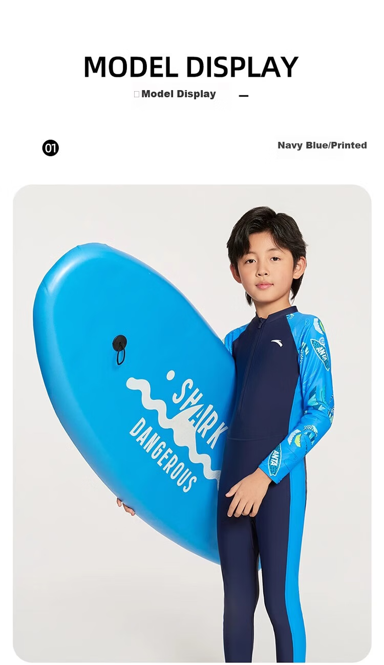 ANTA Kids Boys 2025 New Long Sleeve One-Piece Swimsuit Youth Children's Beach Sun Protection Quick-Dry Swimwear 3