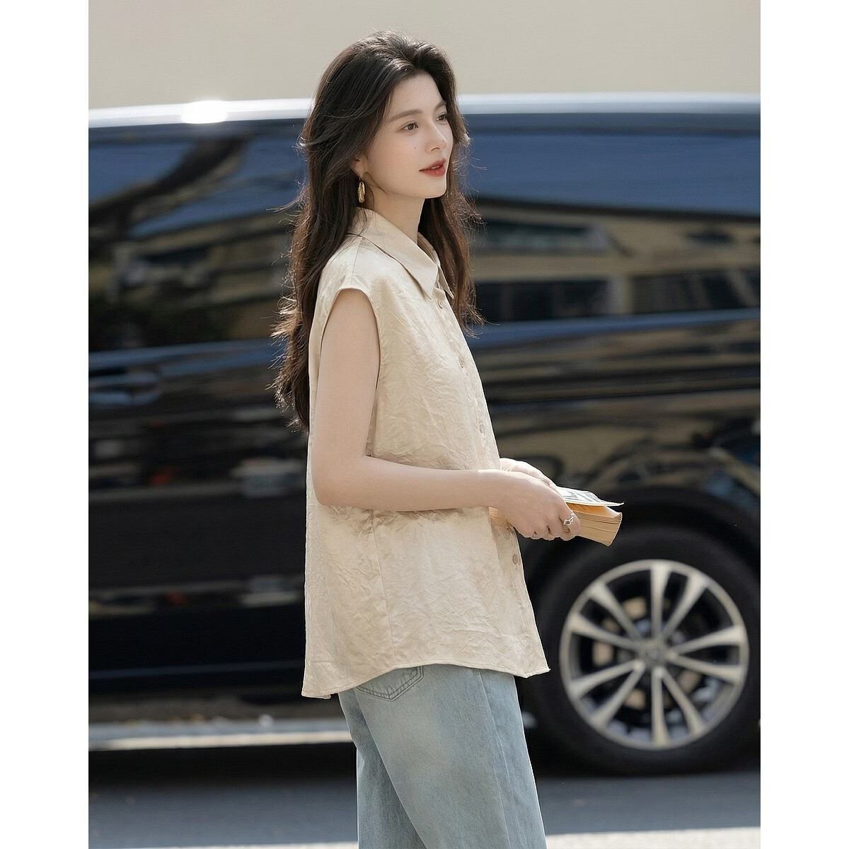 Demana Smooth 100 Acetate Summer Luxury Style Wide Collar Broad Shoulder Shirt Elegant High-End Women's Blouse