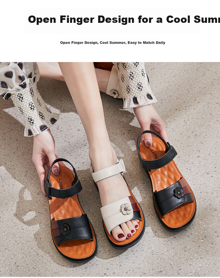 LAORENTOU Women's Genuine Leather Flat Sandals, Beach Non-Slip Soft Sole Middle-Aged and Elderly Sandals LK13182 - Black Size 35 2