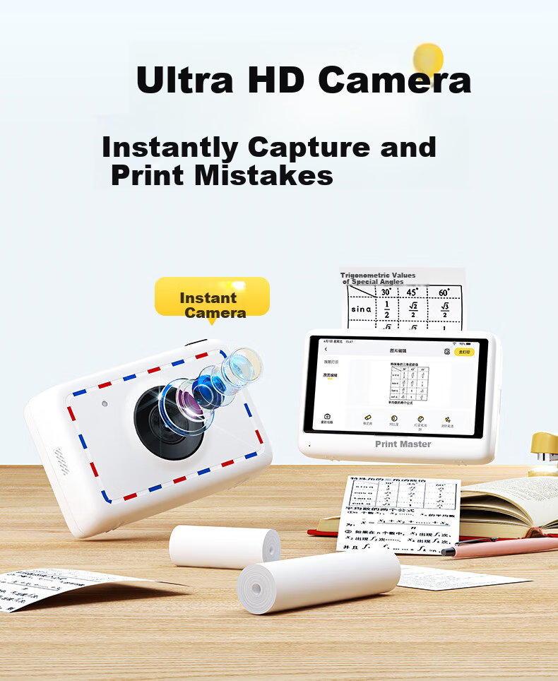 MR.IN 3-Inch Gray Scale Ultra HD Error Correction Printer No Smartphone Required for Middle And High School Students Instant Printing Home Use Error Correction Large Screen Photo-Taking Learning Printer P3W 10