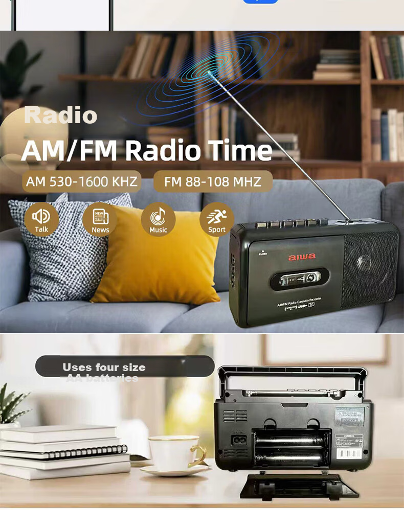 Aiwa CR-1 Bluetooth Speaker Retro Cassette Player Portable Radio USB TF Bluetooth Player Student Listening Device English Training Dual Power Black 8